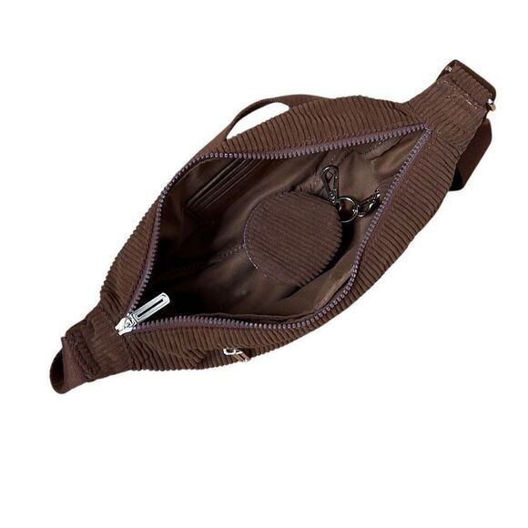 Sincerely Jules Corduroy Half Moon Sling Crossbody Bag W/ Earbuds Pouch Brown OS - Picture 3 of 5